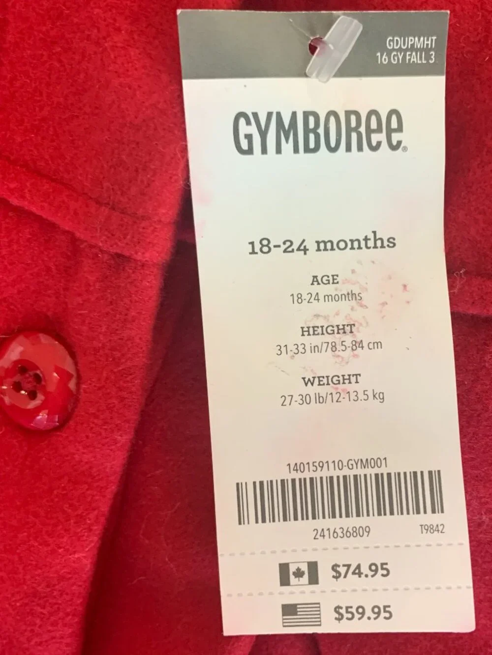 NWT Gymboree Red Cape Coat Girls Toddler 18-24 mo